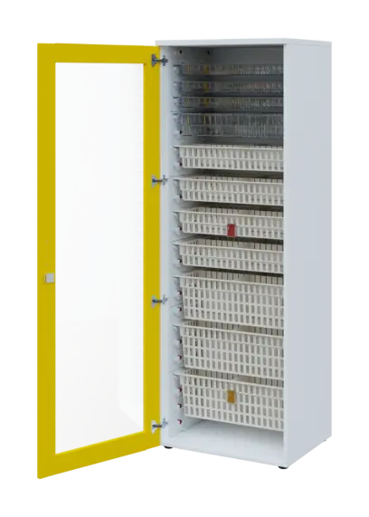 EUROMEDICA S - 66 skříň léková boxová, 1-dveřová/prosklená, levá, 1950x660x535, korpus bílý, dvířka žlutá odio